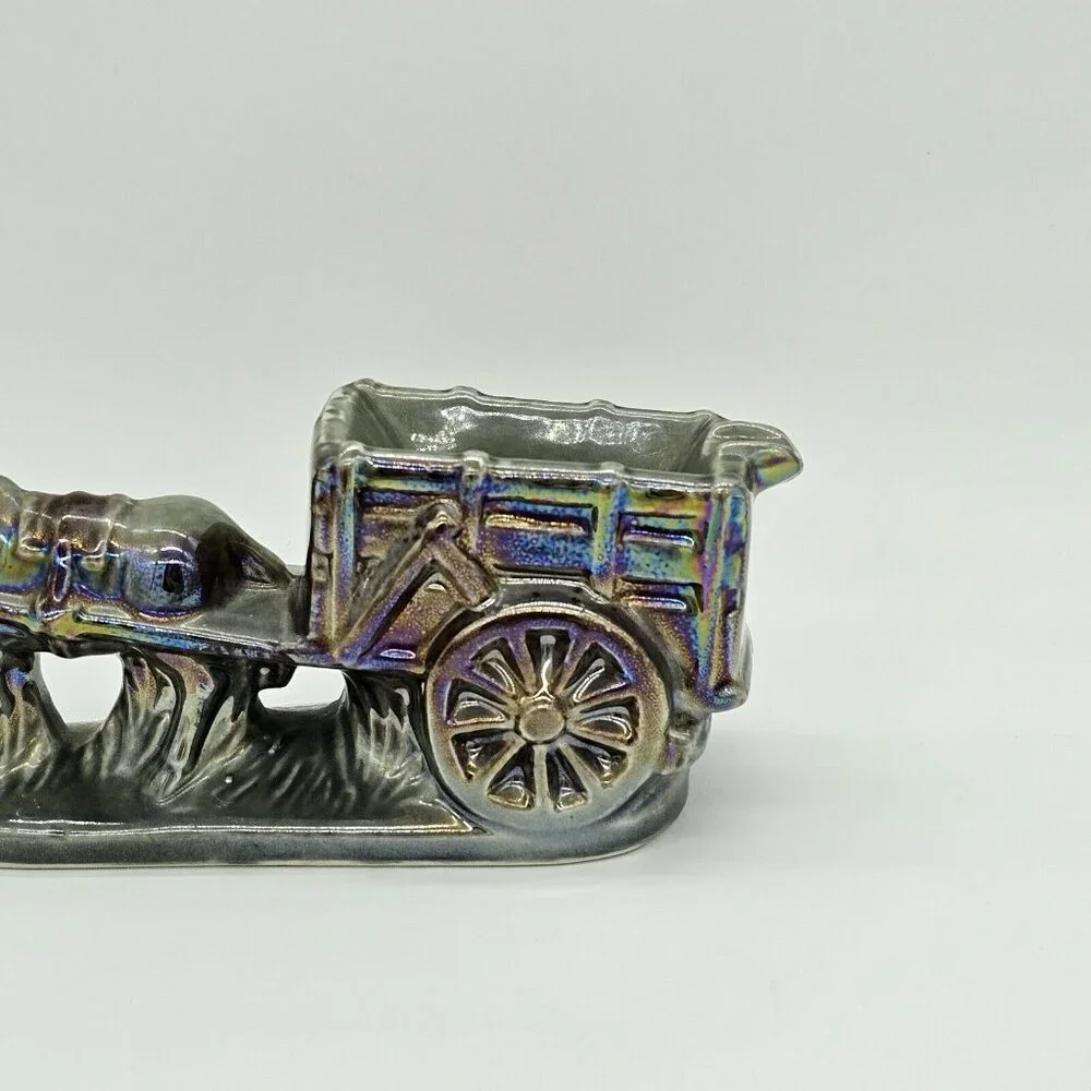 Vintage Donkey Cart Iridescent Glazed Mule Ashtray Pottery Porcelain MCM 70s